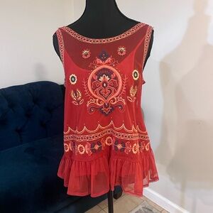 Taylor & Sage Floral Embroidered Top in Red